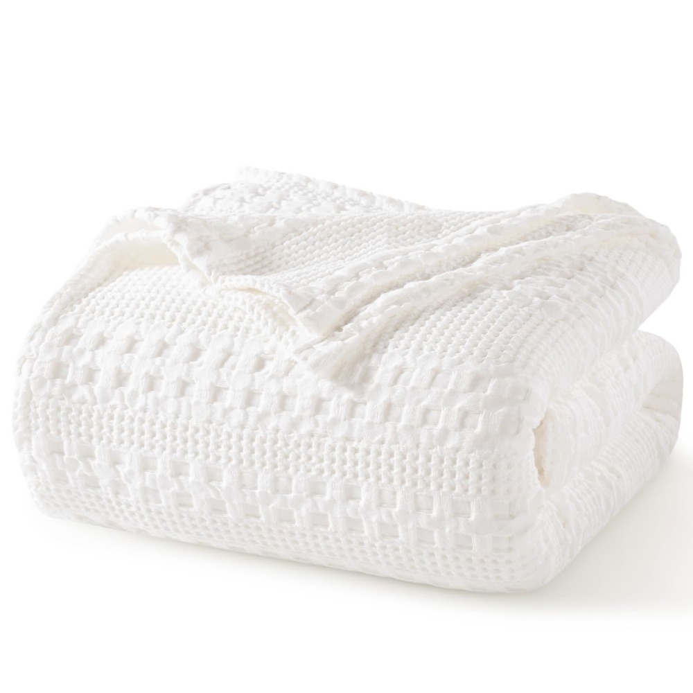 PHF Waffle Weave Blanket Twin White Green 100% Cotton Lightweight Breathable NEW